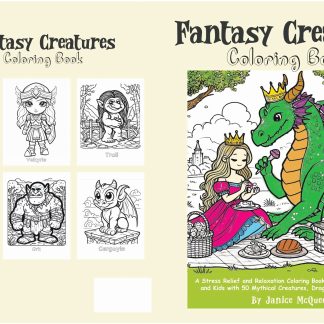 Front and back cover of Fantasy Creatures Coloring Book featuring mythical creatures, dragons, unicorns, and sample coloring pages.