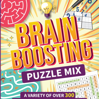 Colorful front cover for Brain Boosting Puzzle Mix by Janice McQueen, featuring bold yellow title text, maze, sudoku, word search, pen, light bulb, and puzzle graphics.