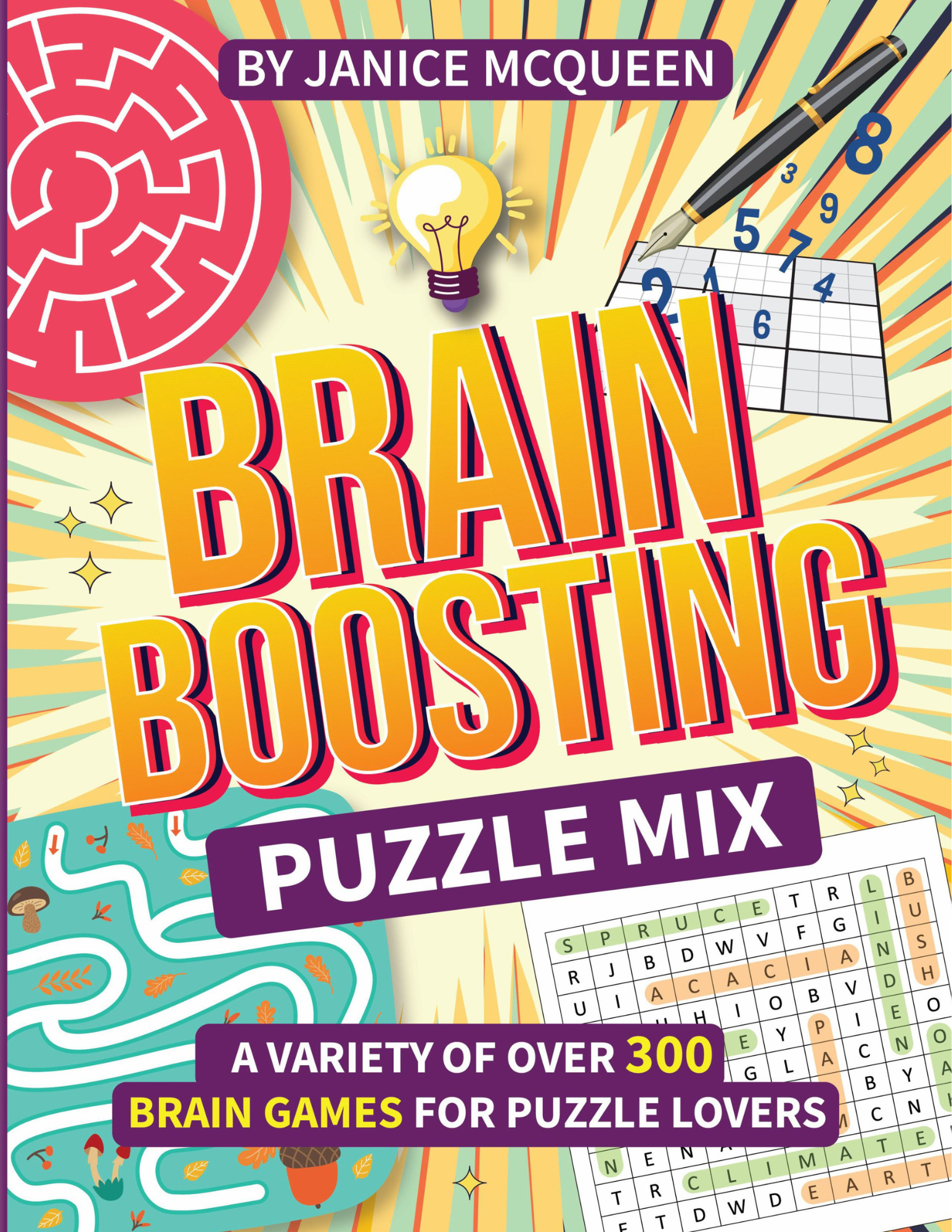 Colorful front cover for Brain Boosting Puzzle Mix by Janice McQueen, featuring bold yellow title text, maze, sudoku, word search, pen, light bulb, and puzzle graphics.