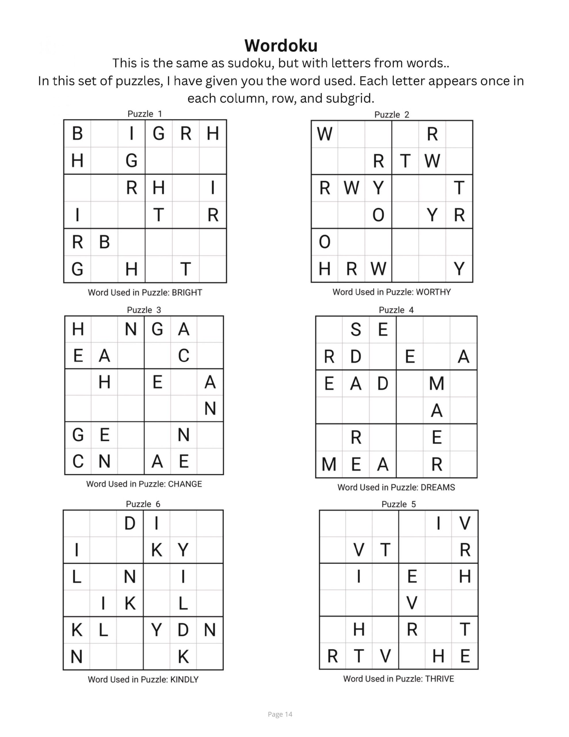 Interior page preview from A Brain Boosting Puzzle Mix showing six Wordoku puzzles, a sudoku-style letter puzzle using words such as BRIGHT, WORTHY, CHANGE, DREAMS, KINDLY, and THRIVE.