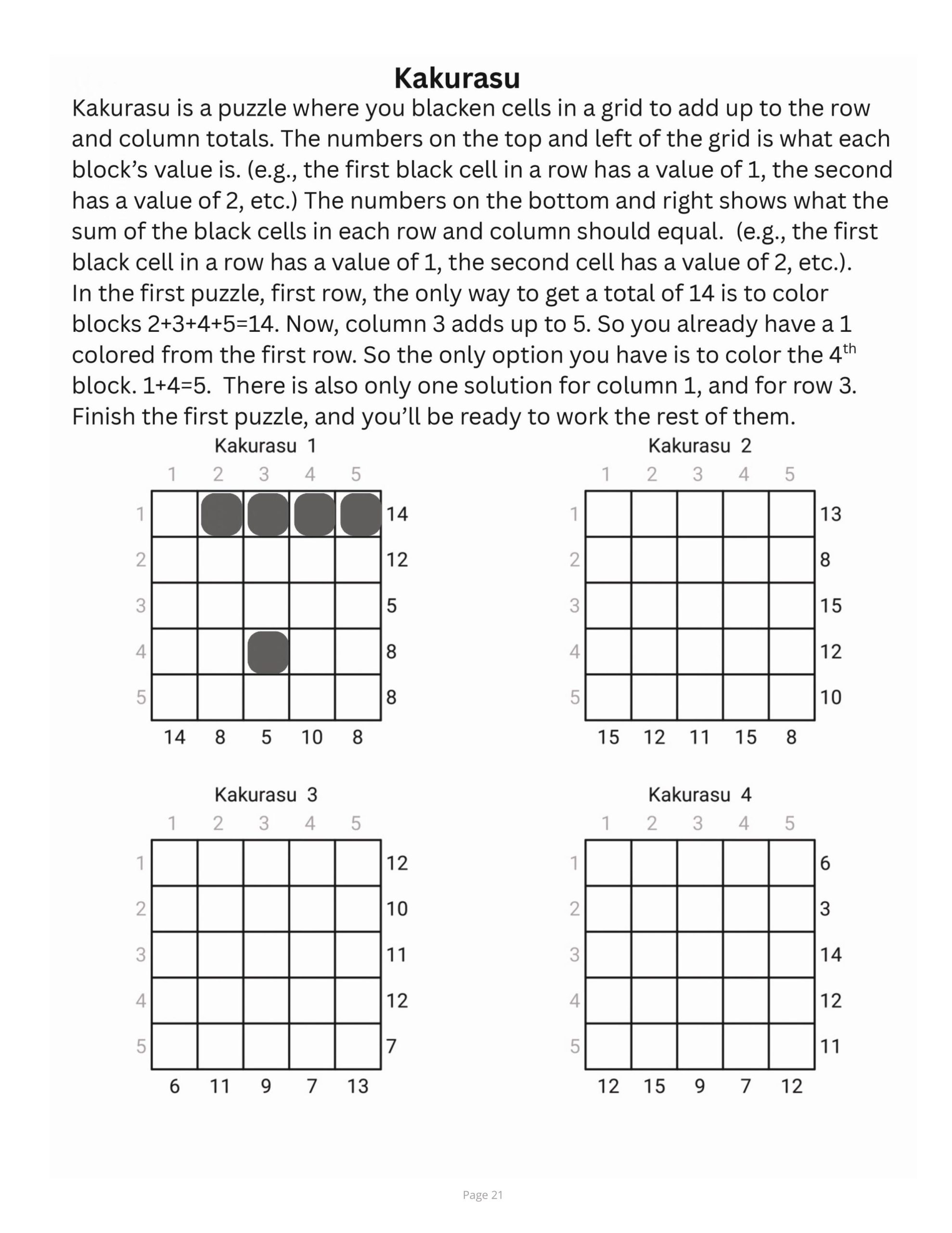 Interior page preview from A Brain Boosting Puzzle Mix showing Kakurasu puzzle instructions with four 5x5 logic grids, including one partially completed example.