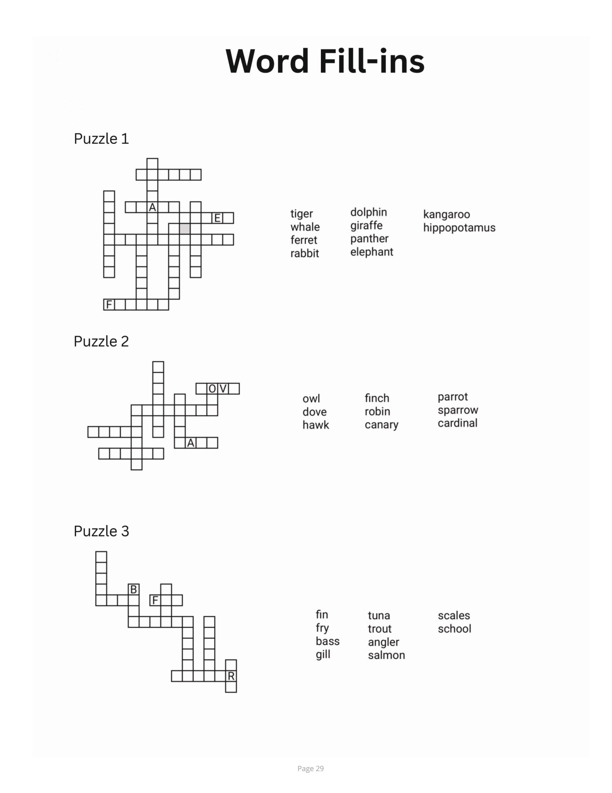 Interior page preview from A Brain Boosting Puzzle Mix showing three Word Fill-ins puzzles with animal, bird, and fish word lists beside crossword-style grids.