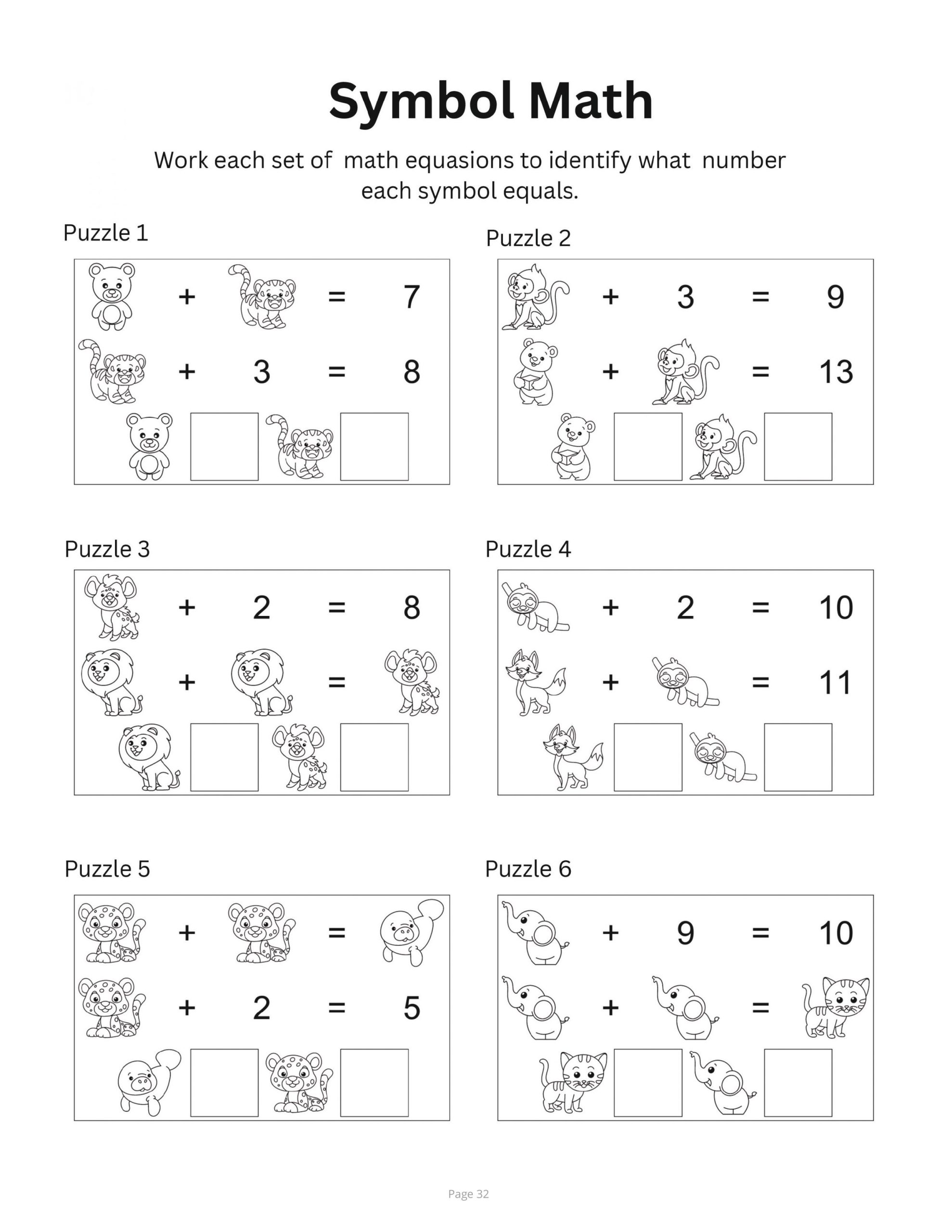 Interior page preview from A Brain Boosting Puzzle Mix showing six Symbol Math puzzles with cute animal icons used in simple addition equations.
