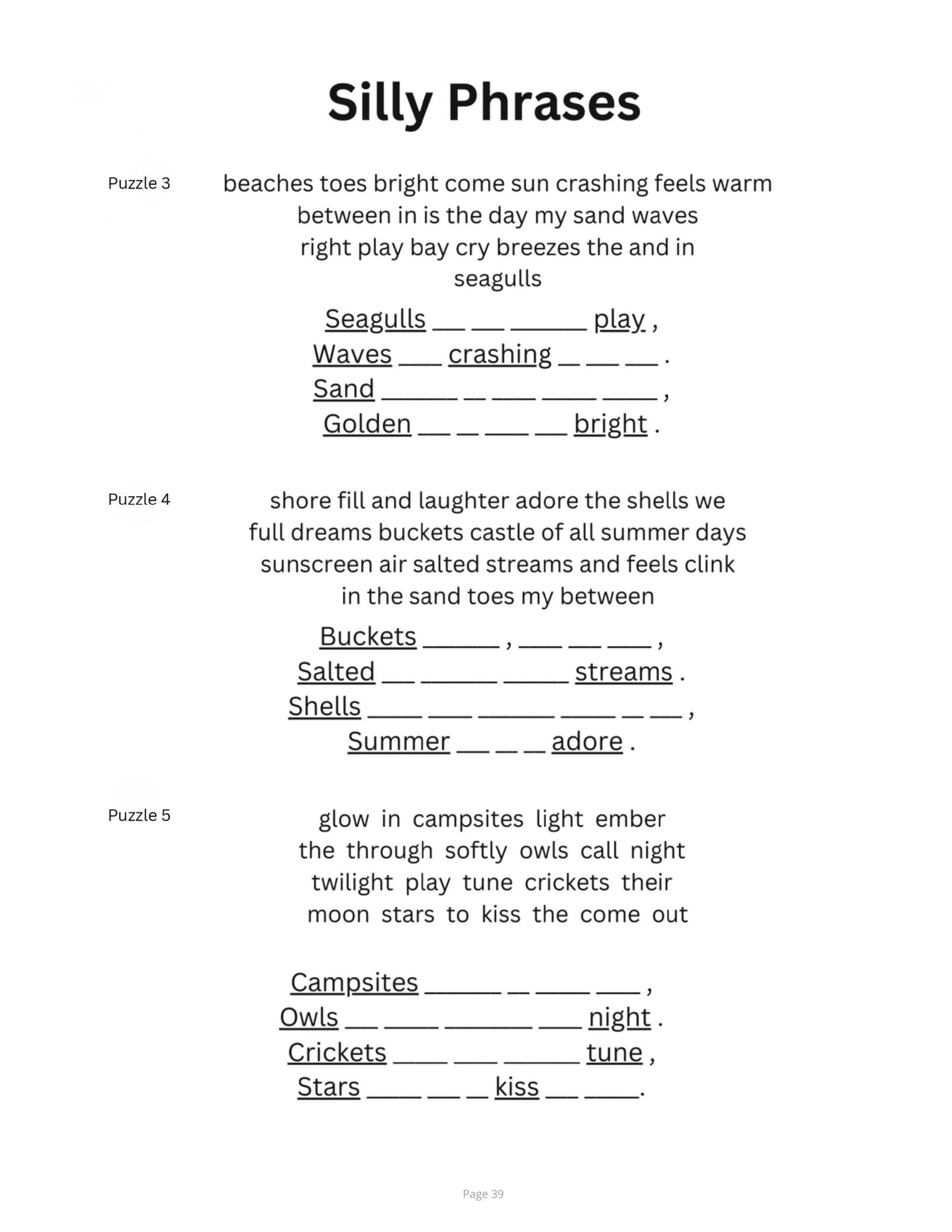 Interior page preview from A Brain Boosting Puzzle Mix showing Silly Phrases puzzles where scrambled beach, summer, and nighttime words are unscrambled to complete short poems.