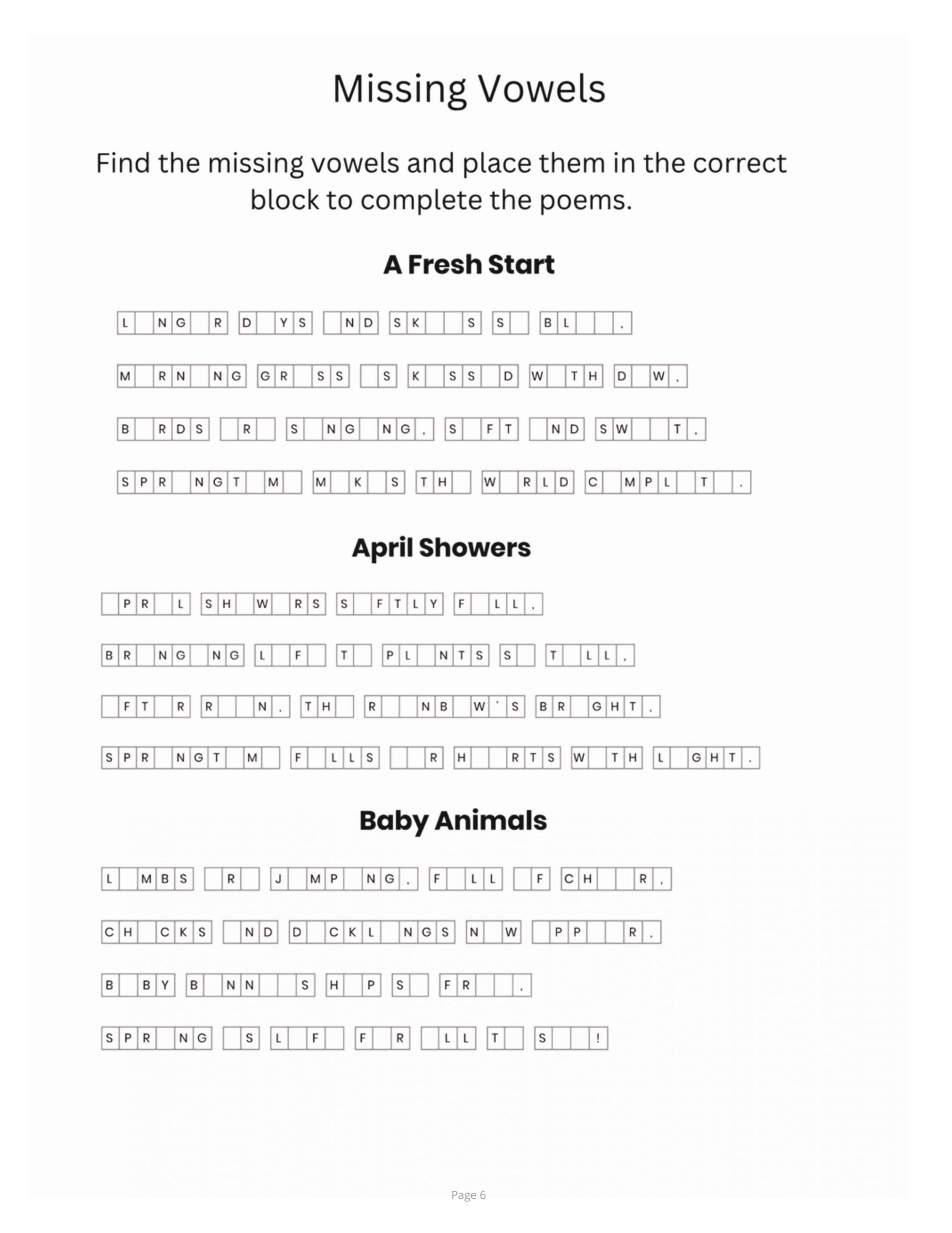 Interior page preview from A Brain Boosting Puzzle Mix showing a Missing Vowels poetry puzzle with three themed poems: A Fresh Start, April Showers, and Baby Animals.