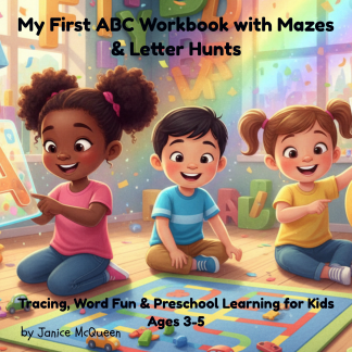 Colorful cover image for My First ABC Workbook with Mazes and Letter Hunts featuring three smiling preschool children in a bright classroom with alphabet letters, toys, and a maze activity mat.